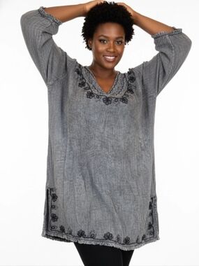 Anandas Collection Womens Tunic Cover Up Mini Dress Sz M Black-Gray Embroidered